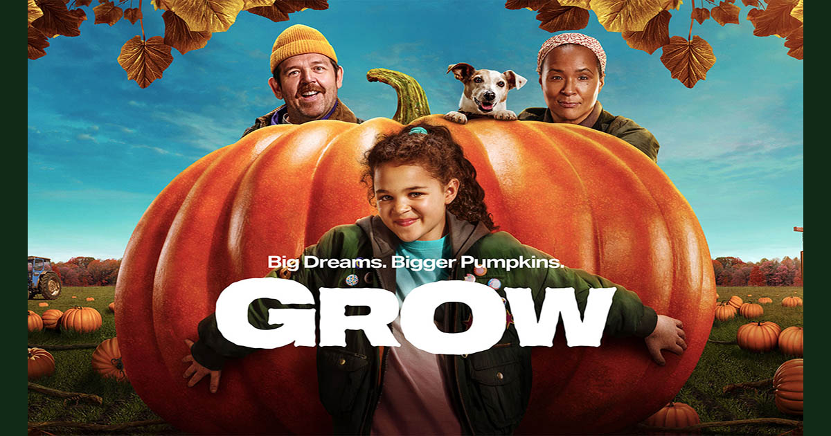 Grow artwork featuring a family and dog with an enormous pumpkin.