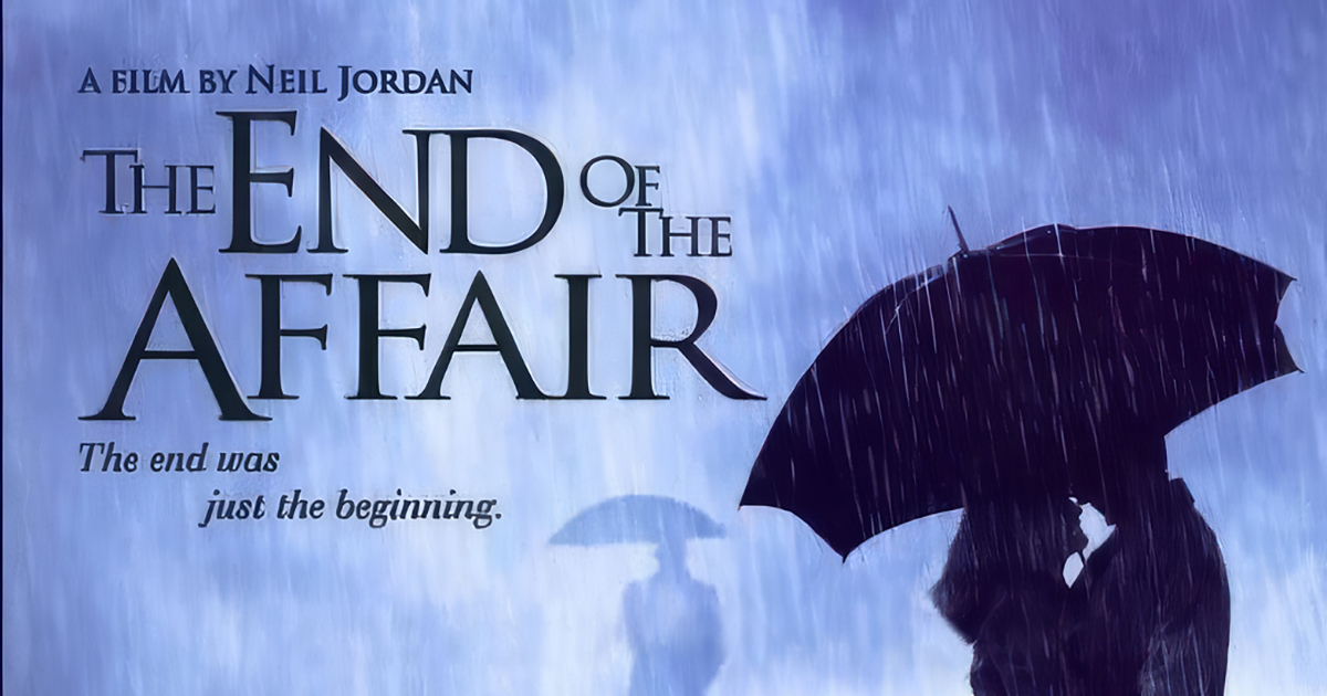 The End of the Affair artwork with two people sheltering under an umbrella in the rain.